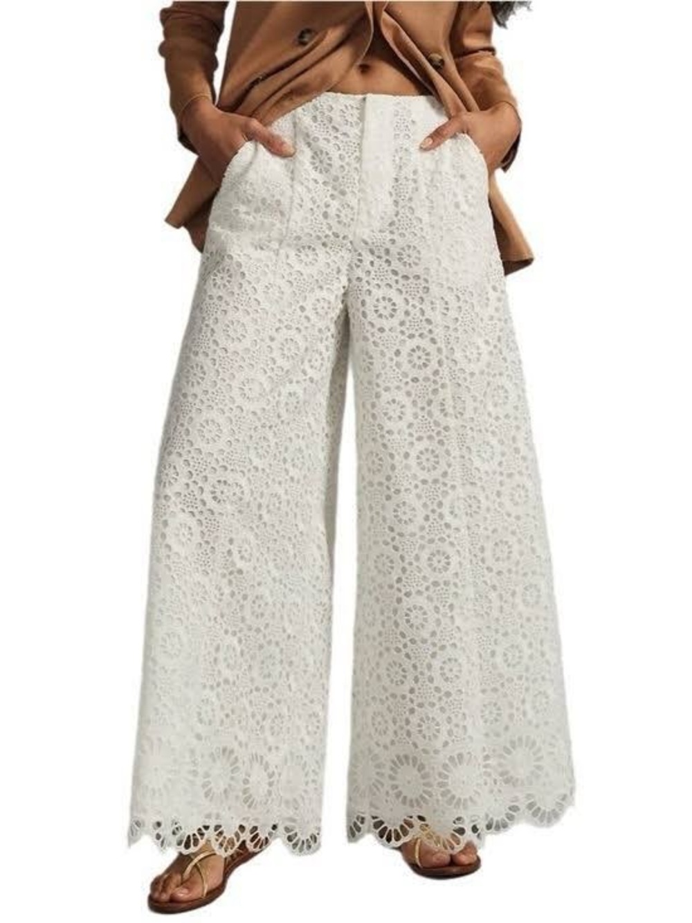 Maeve by Anthropologie Ivory/White Eyelet Lace Wide Leg Pants